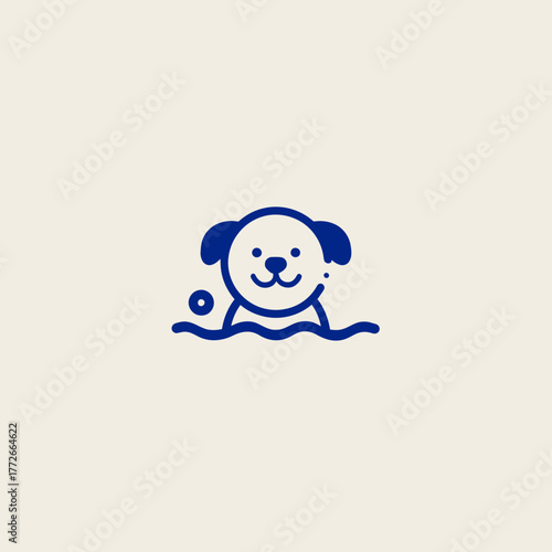 Minimalist blue line art vector icon of a happy dog swimming in water, a cute and friendly pet character illustration for various designs