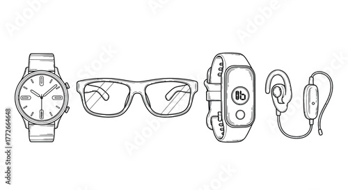 Collection of essential everyday accessories including watch smartwatch sunglasses and earbuds vector