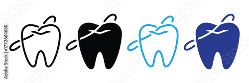 Four stylized teeth icons in black, white, blue, and dark blue isolated on white background