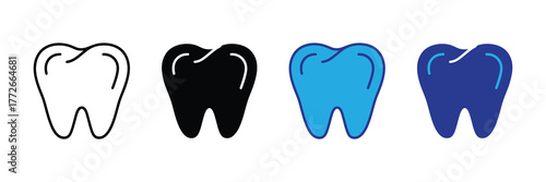Four tooth icons in different styles and colors on a white background
