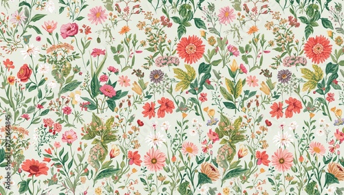 Seamless botanical design featuring garden flowers for use in fashion textiles and wallpaper, vibrant spring theme