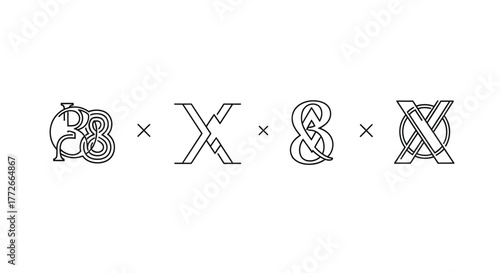 Ornate typographic characters and multiplication symbols in artistic line art vector