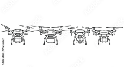 Row of drones quadcopter technology aerial photography surveillance aerial vehicle set vector
