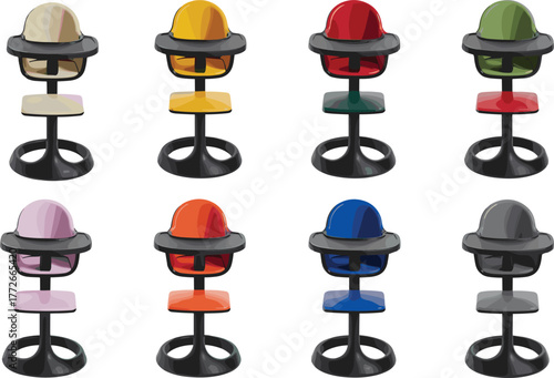 Modern baby high chairs set, colorful toddler feeding seats, sleek infant furniture collection, isolated vector illustration for parenting, childcare, product design, marketing