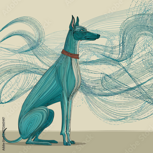 Elegant Blue Sighthound Dog Illustration in Stylized Flowing Lines with Abstract Swirling Background Digital Art