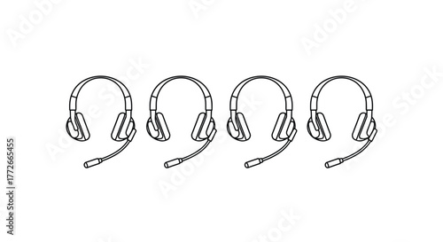 Four professional headsets with microphones arranged in a row for communication and gaming vector