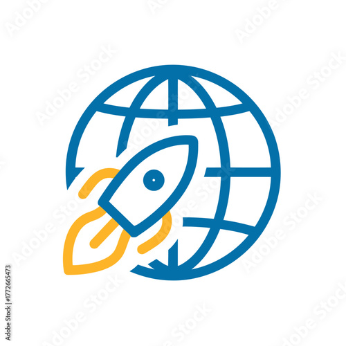 Global rocket launch icon representing worldwide business growth, innovation, startup success, and technological advancement.