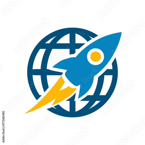 Blue rocket launching from a global grid icon, symbolizing fast business growth, internet speed, startup innovation, and worldwide technology.