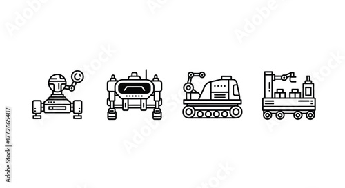 Collection of four cartoonish robotic exploration vehicles in a linear row style vector