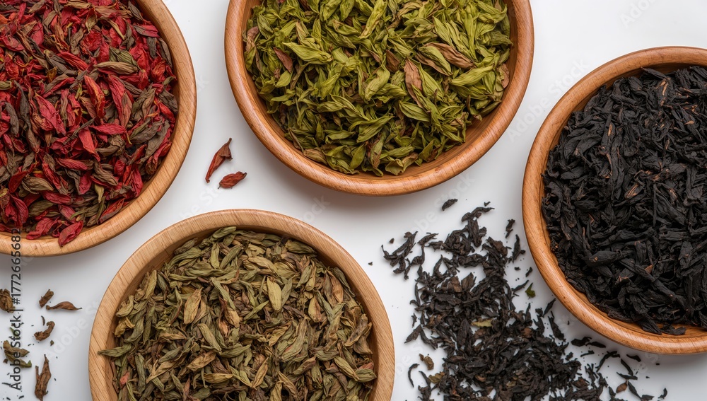 Fototapeta premium Dry tea arranged on wooden plates against a white backdrop, featuring red, green, and black tea leaves, focused on flavor variety