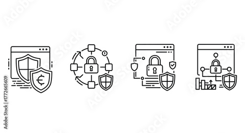 Cybersecurity icons representing data protection and network security concepts vector