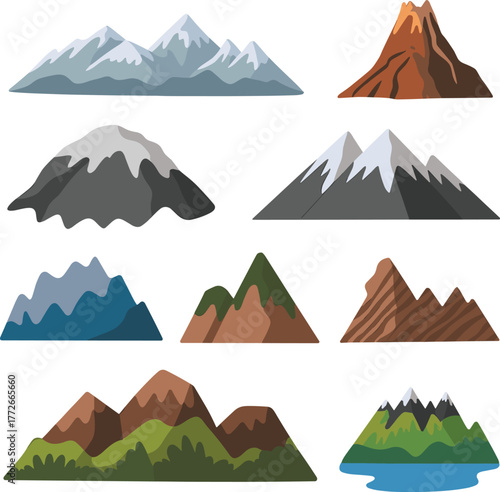 Mountain range vector set, stylized peaks, geological formations, snow-capped summits, volcanic shapes, sediment layers, nature landscape icons, outdoor terrain illustrations