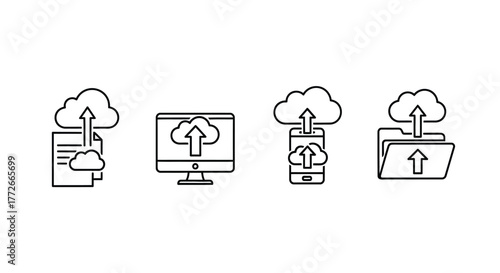 Cloud upload icons set representing data transfer and digital storage solutions vector