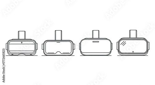 Four distinct virtual reality headsets shown in line art style vector