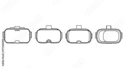Four variations of virtual reality headset line art isolated on vector
