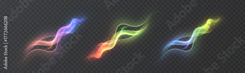 Abstract multicolored light swirls with glowing gradients and smooth energy movement on a dark background. Dynamic glowing swirls for light effects of magic and enchantment.