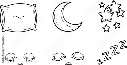 Sleeprelated objects and symbols including a pillow crescent moon stars and closed eyes in a black and white doodle style.