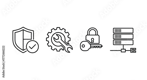 Set of four technology and security icons including shield lock server and gear with wrench vector