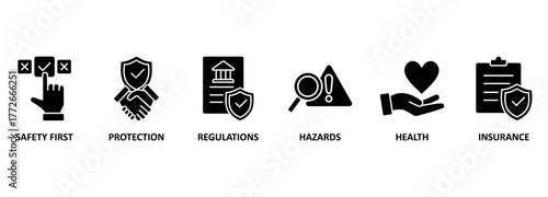 Banner work safety concept, hazards, protections, health and regulations with keywords and icons