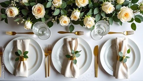 Elegant table setting with white roses and gold cutlery for a special occasion