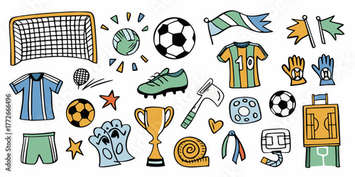 Collection of hand drawn soccer equipment and symbols in a playful doodle style