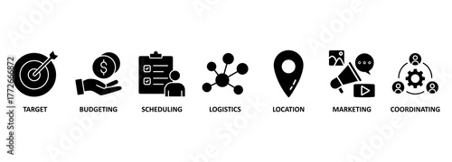 Banner event management concept vector illustration with icons