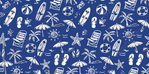 Seamless pattern of hand drawn beach elements including surfboards palm trees umbrellas and flip flops on a blue background