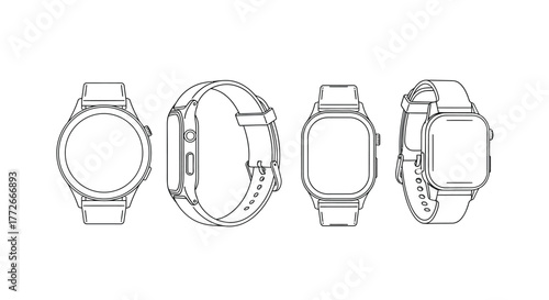 Modern smartwatch designs displayed from multiple angles and perspectives offering a clean aesthetic vector