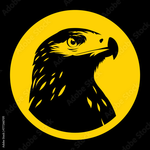 Powerful eagle head silhouette graphic in profile within a bright yellow circle on a black background. Majestic bird of prey vector illustration.