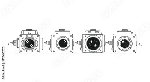 Vintage camera collection detailed line art retro photography equipment evolution montage vector