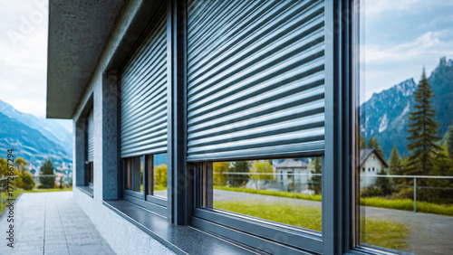 Volants roulants a demi fermés sur baie, vue extérieure