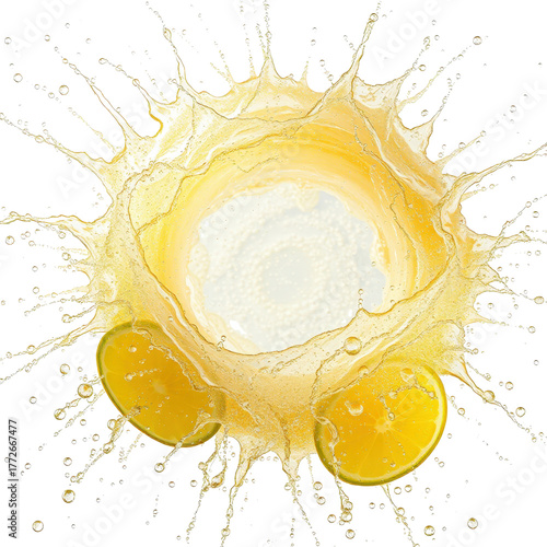 Lemon splash with citrus slices creating a bright yellow effect  