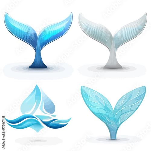 Set of stylized blue whale tails and water drop icons, vector graphic elements for aquatic and environmental design projects