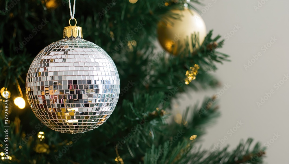 Obraz premium Shiny silver disco ball ornament suspended from a festively adorned holiday tree. Festive tree embellishment backdrop for winter celebrations.