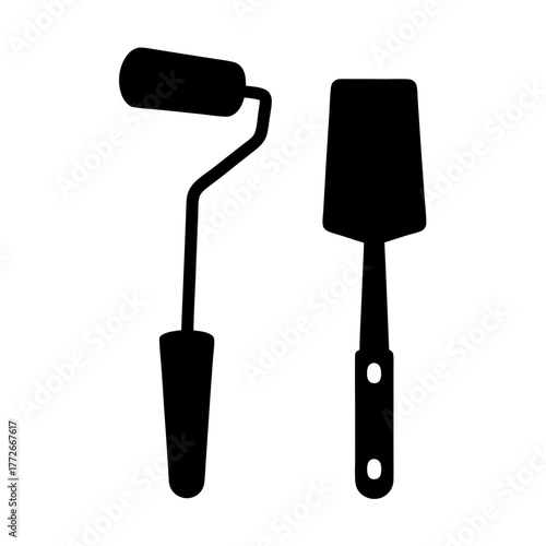 Paint roller and putty knife icon in black silhouette, Black silhouette icon of a paint roller and putty knife, representing painting, renovation, DIY tools, and home improvement tasks.
