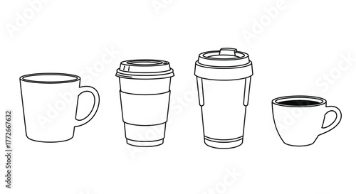 Set of four coffee cups and mugs hand drawn line art simple design elements for beverage concepts vector