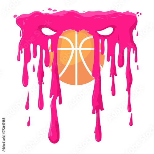 Vibrant pink paint dripping over a basketball, creating a modern abstract graphic design. Cartoon style vector illustration for sports and street art themes.