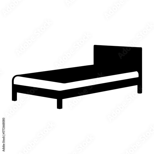 Monochromatic illustration of a simple bed frame with headboard and legs