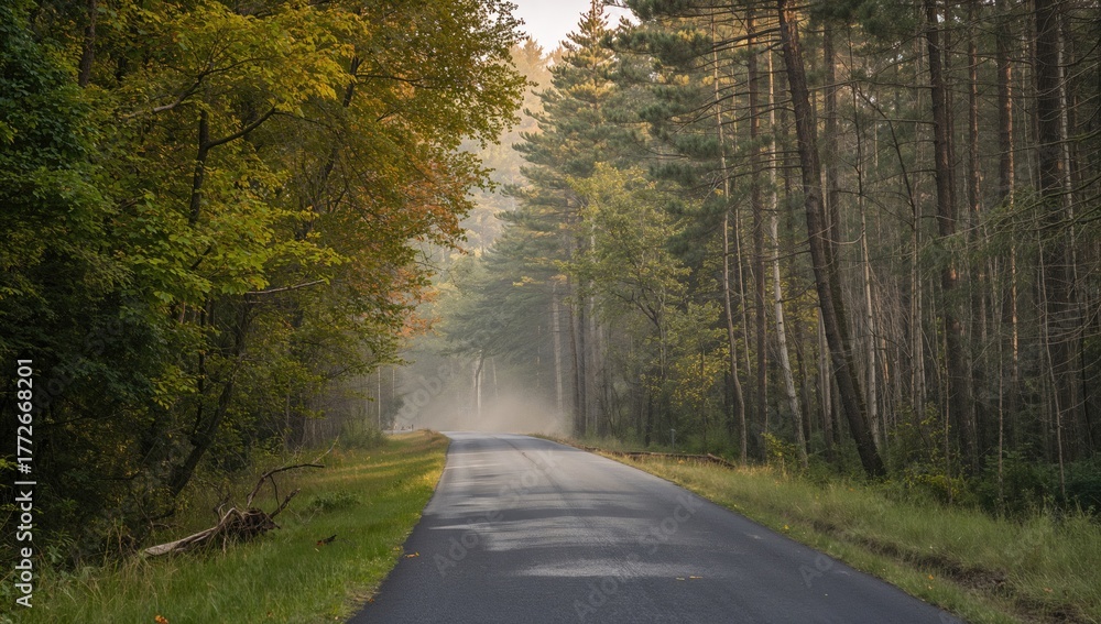 Fototapeta premium Forest road at dawn, nestled between deciduous and pine trees, seasonal change