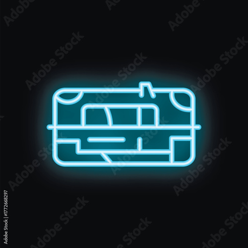 Blue neon icon of a train ticket glowing on a dark background, representing the concept of railway travel
