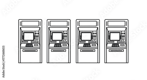 Row of four white atm machines with digital screens ready for transactions vector