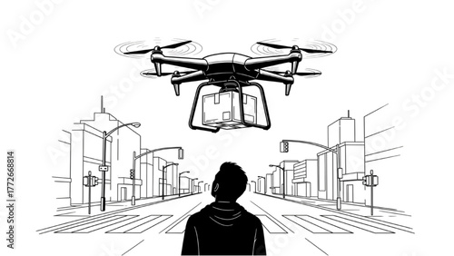 High Quality Black Line Art of Drone Carrying Package Over City Streets with Person Watching Below
