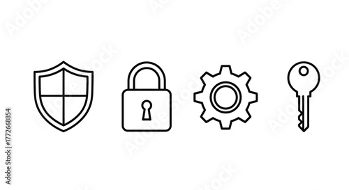 Security icons shield lock gear key for digital protection and access control concepts vector