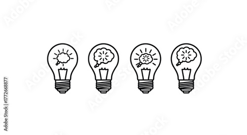 Four hand drawn light bulbs representing ideas creativity innovation and thought processes vector