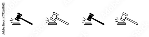 Judge gavel icon set. Auction gavel vector set. Court hammer icon set.