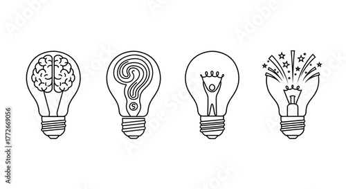 Lightbulb icons representing brainstorming problem solving innovation and creative ideas vector