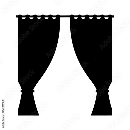 Black and white silhouette of curtains with rings on a rod