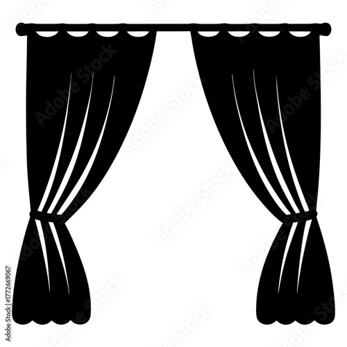 Elegant black silhouette of open curtains hanging from a curtain rod