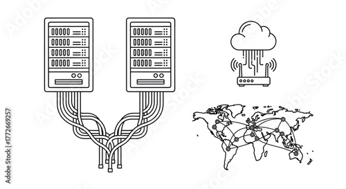 Global network connection server rack technology cloud data transfer and world map visualization vector