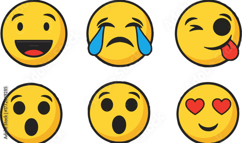 Collection of expressive yellow emoji faces showing different emotions